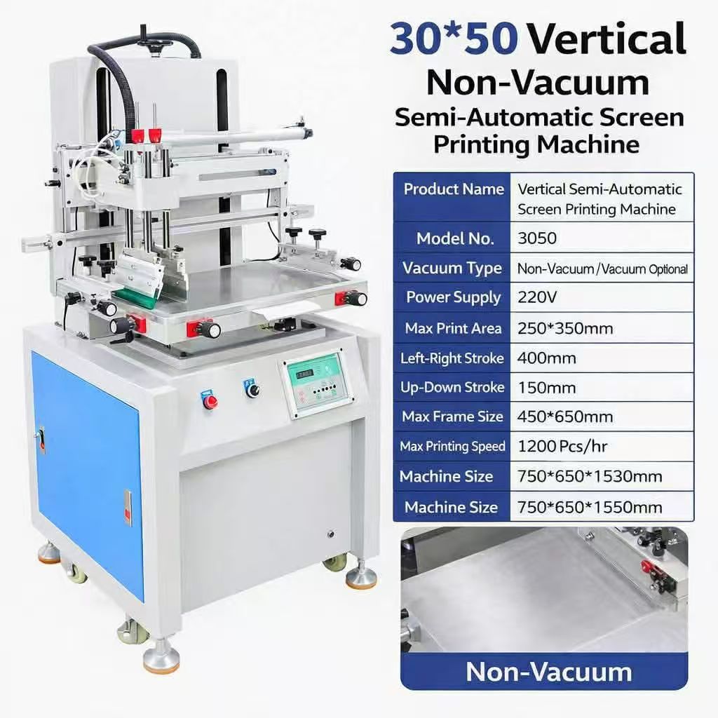 3050 vertical semi‑automatic non‑vacuum screen printing machine with specs
