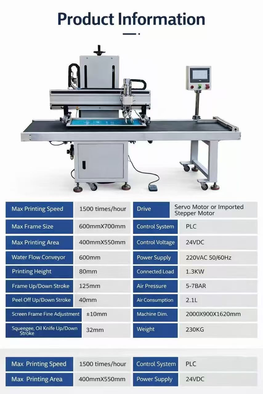 Automatic conveyor screen printing machine with PLC control specification sheet